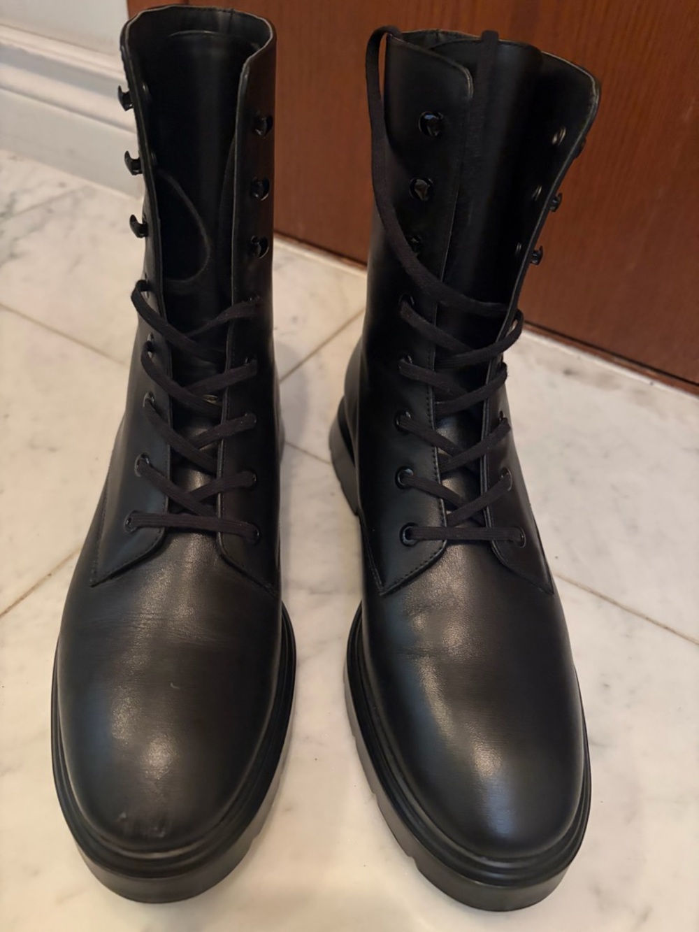 Stuart Weitzman Black Leather Lace-Up Combat Boots